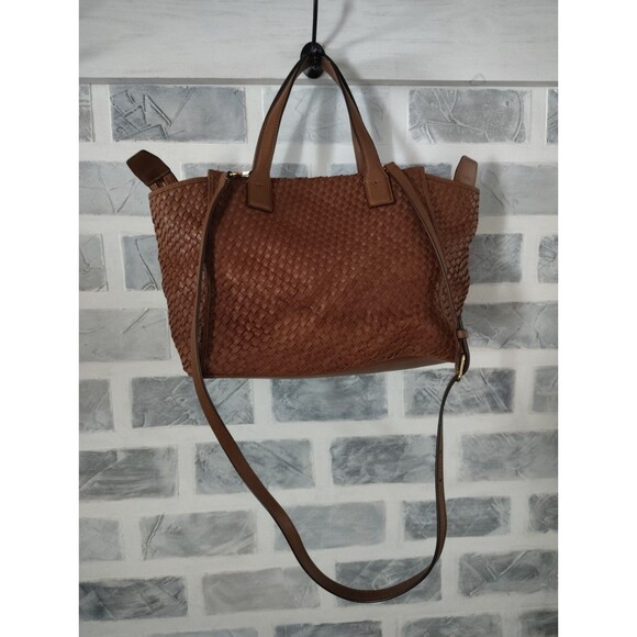 TORY BURCH THEA Tobacco Brown WOVEN Leather Center Zip Handbag READ - Picture 2 of 16